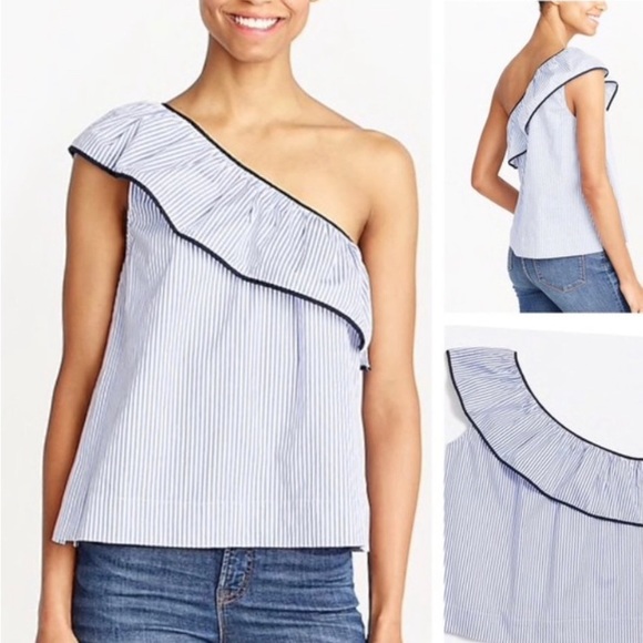 J. CREW FACTORY One Shoulder Ruffle Blue & White Striped Top with Navy Trim - Picture 3 of 10